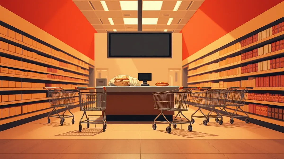 Illustration: A silent checkout counter sits in a dimly lit supermarket aisle.