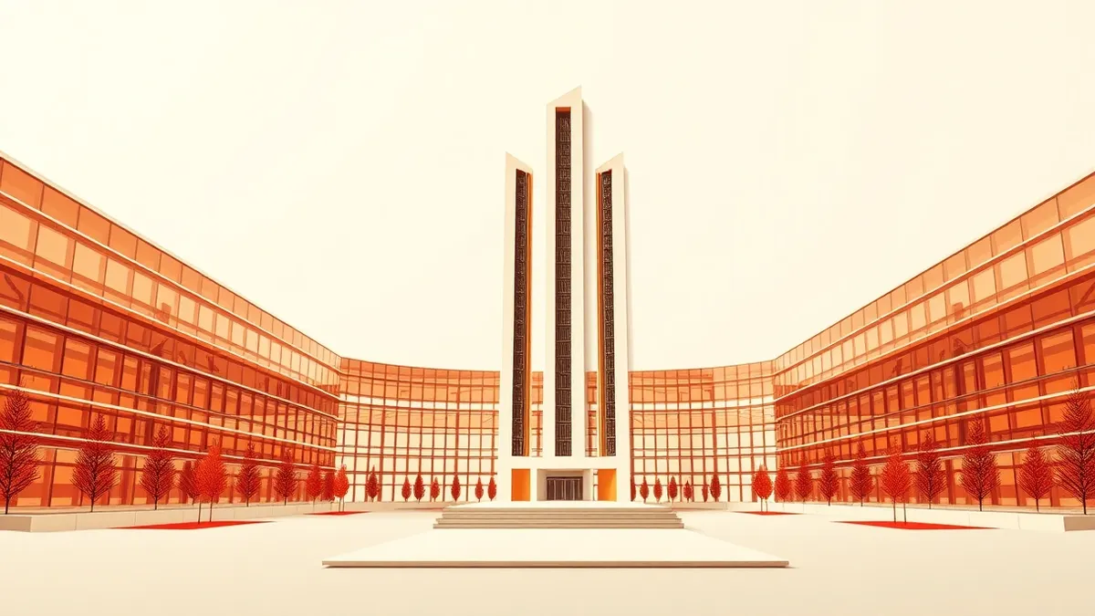 Illustration: A sleek glass and steel research complex sits under a bright sky.