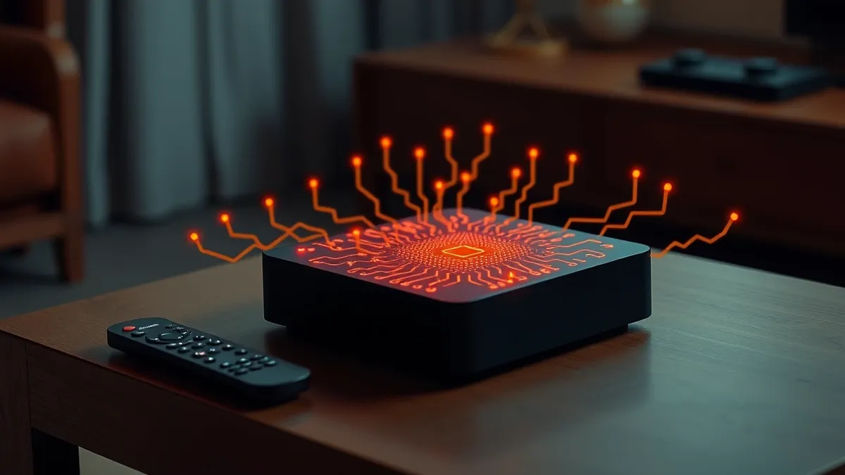 Illustration: A small black streaming media box sits on a coffee table beside a remote control.