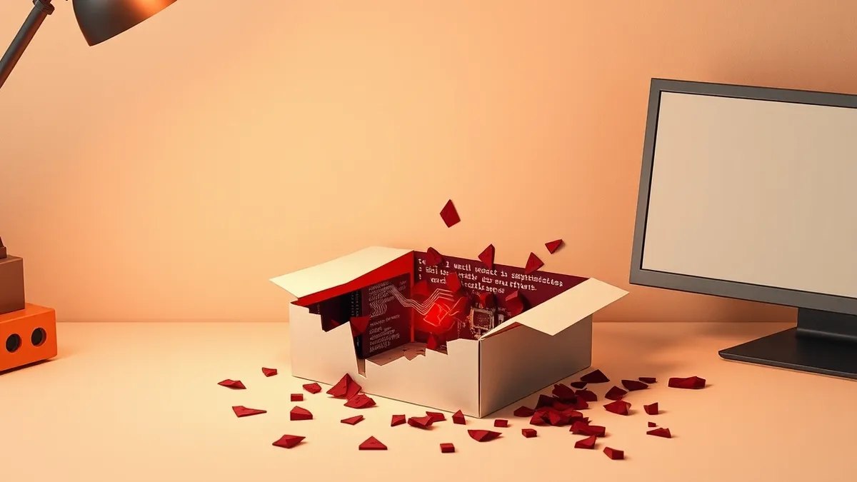 Illustration: A cracked open WordPress plugin box spills dark, jagged code fragments onto a clean desk surface.
