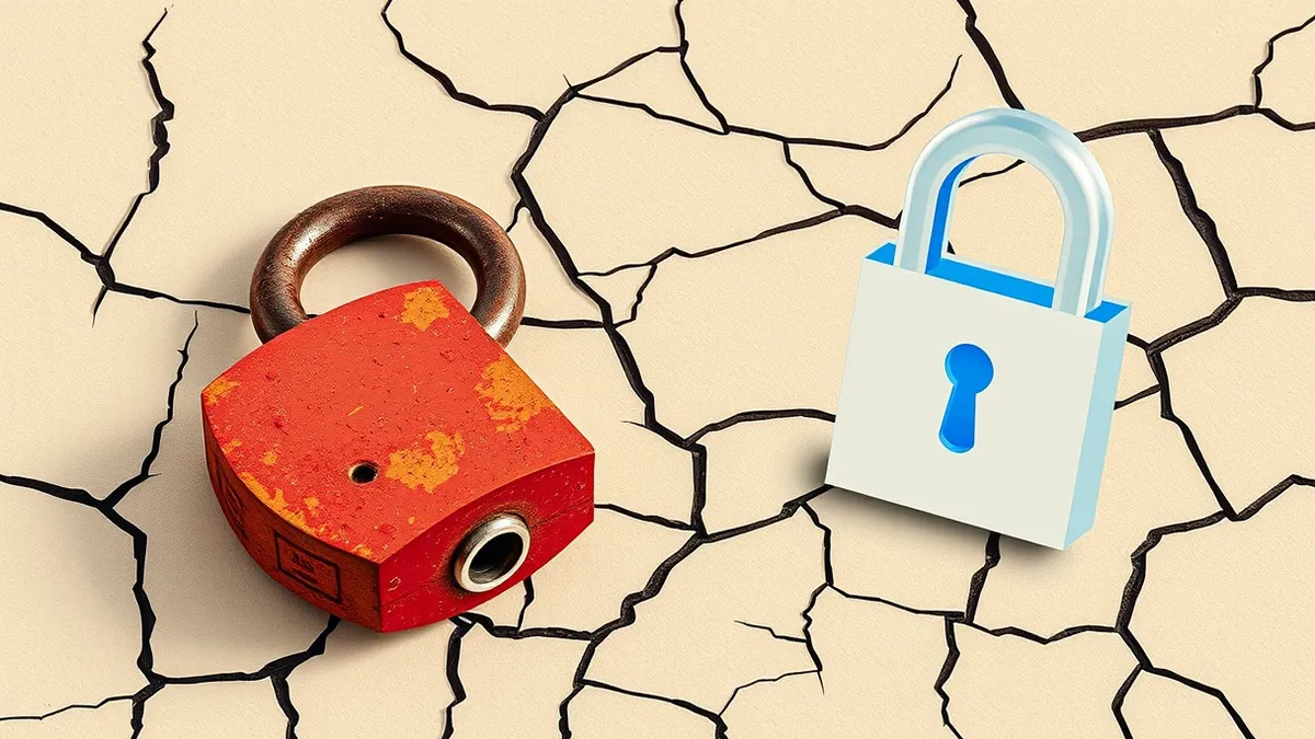 Illustration: A dusty, rusted metal padlock lies abandoned on cracked concrete, its shackle bent and open.