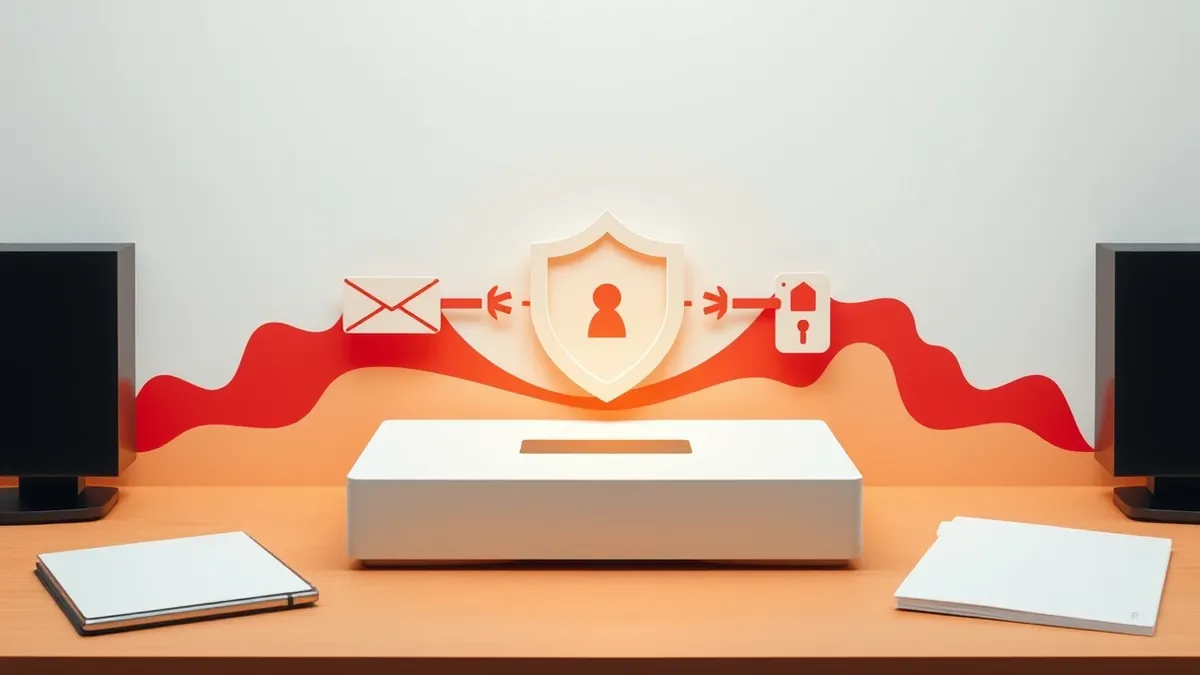 Illustration: A sleek white security gateway device sits on a clean desk, with two distinct data streams merging into a single protected channel.