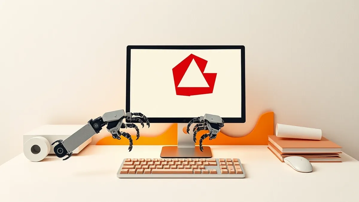 Illustration: A sleek desktop computer sits on a minimalist white desk with its monitor displaying abstract red warning shapes.