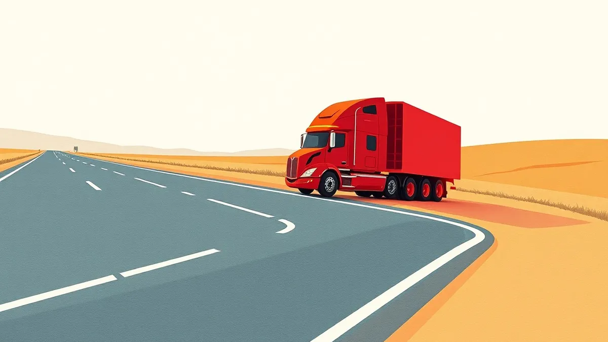 Illustration: A sleek autonomous tractor-trailer sits idle on a wide paved highway shoulder.