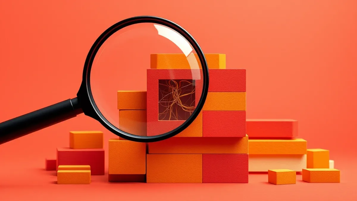 Illustration: A magnifying glass hovers over a stack of colorful software building blocks, inspecting their smooth outer surfaces for cracks.