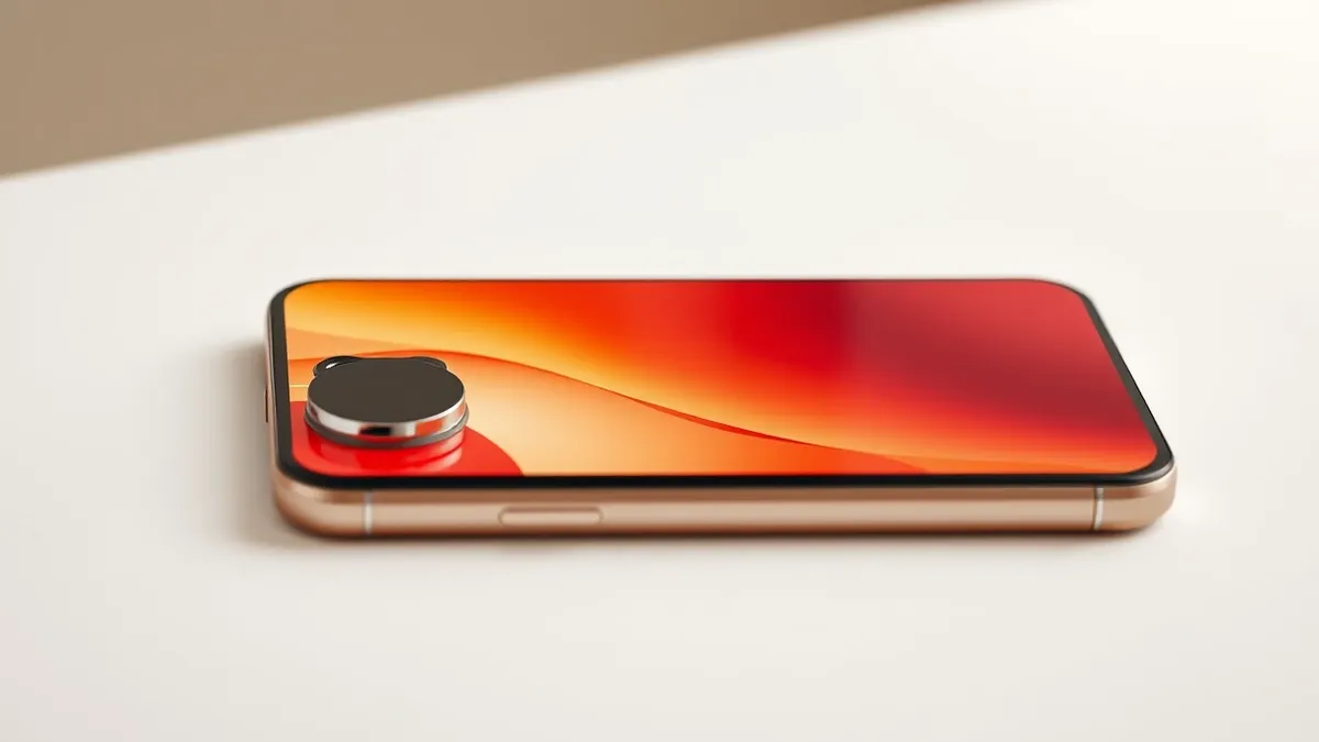 Illustration: A sleek smartphone prototype rests on a white surface, its rear camera lens housing featuring a visible mechanical ring that adjusts the aperture size.