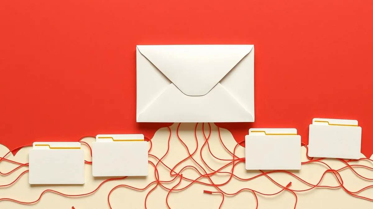 Illustration: A white envelope with a blank surface floats above a tangled web of thin red lines.
