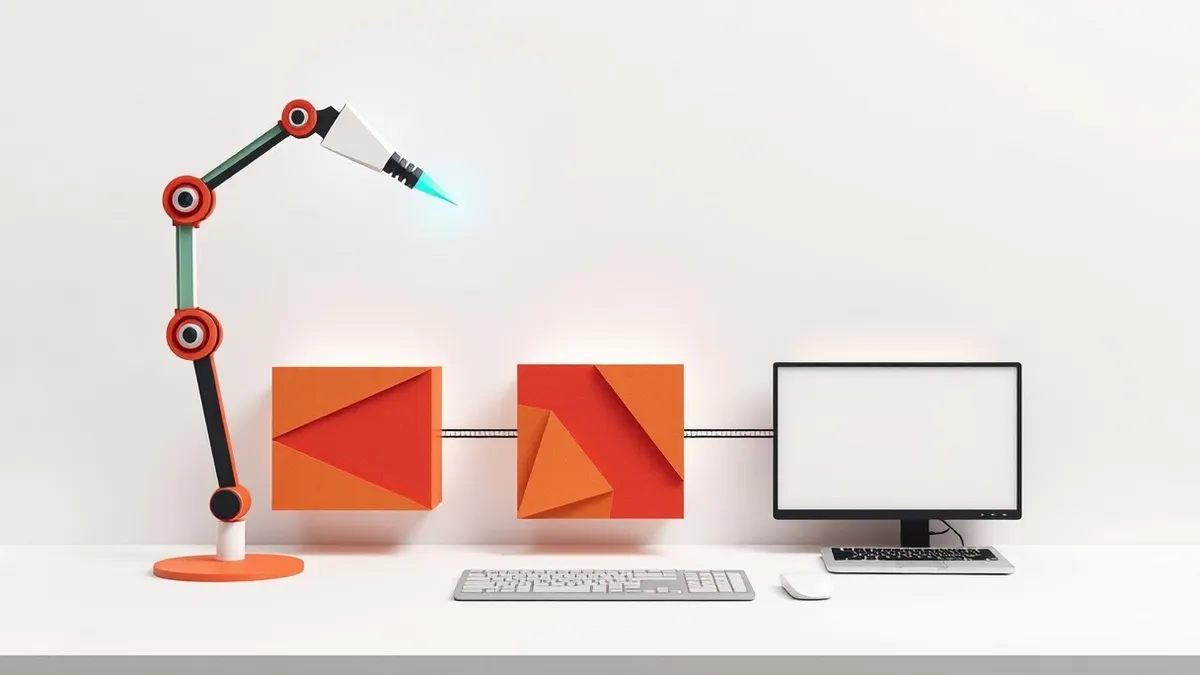 Illustration: A sleek robotic arm with a glowing blue tip gently connects three distinct geometric blocks representing different software environments, weaving them into a single c