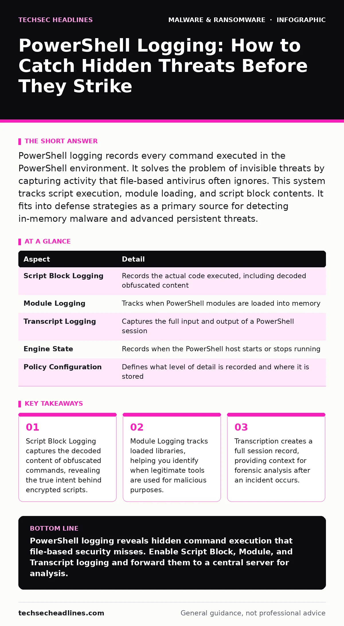 Infographic: PowerShell Logging: How to Catch Hidden Threats Before They Strike. Script Block Logging captures the decoded content of obfuscated commands, revealing the true intent behind encrypted scripts. Module Logging tracks loaded libraries, helping you identify when legitimate tools are used f