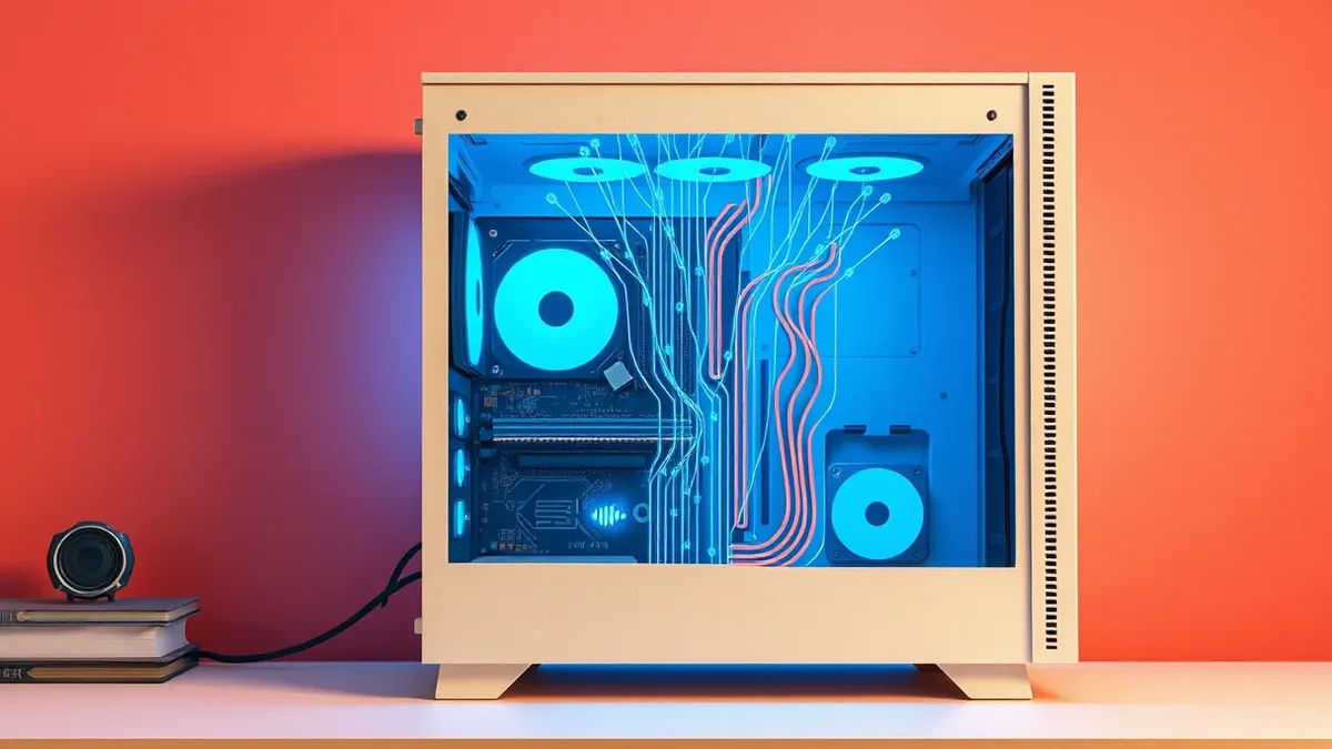 Illustration: A sleek computer tower sits open on a desk, its internal circuitry bathed in cool blue light.