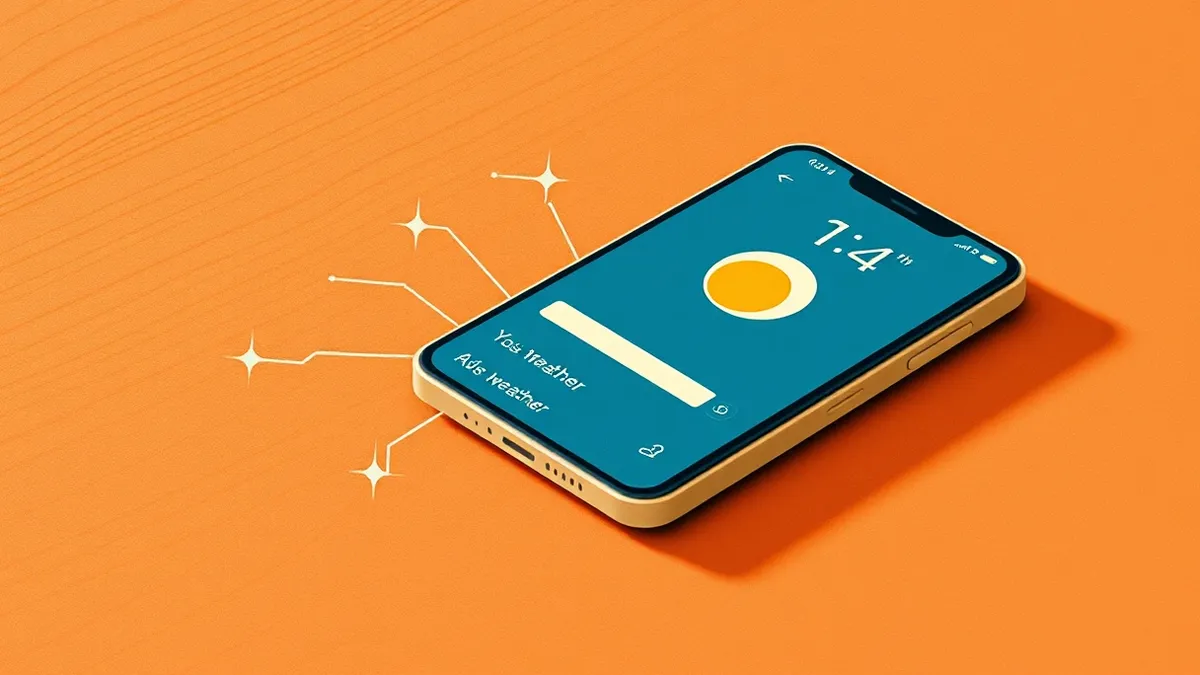 Illustration: A smartphone rests on a wooden table, its screen displaying a weather widget with an outdated sun icon.