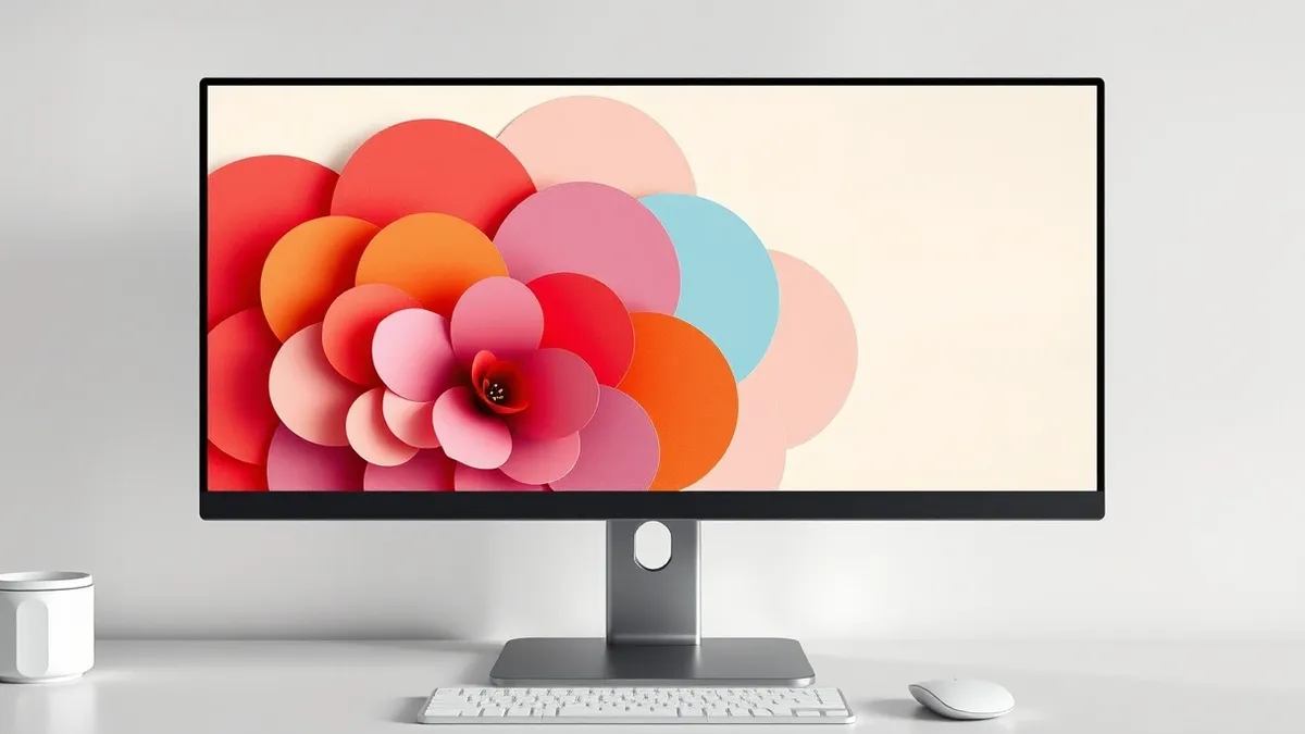 Illustration: A modern desktop monitor displays a vibrant abstract wallpaper featuring soft, overlapping circular shapes in pastel pink, blue, and purple hues.