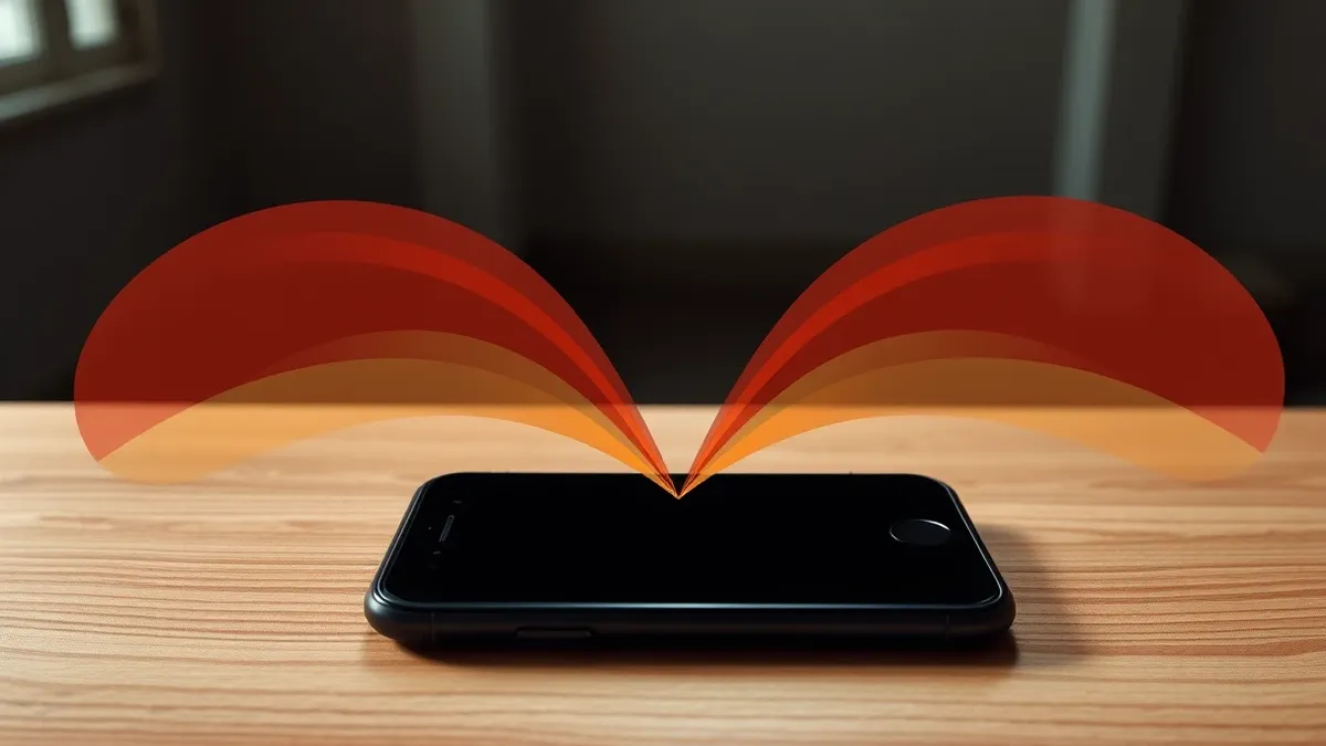Illustration: A black smartphone rests on a wooden table inside a dimly lit room.