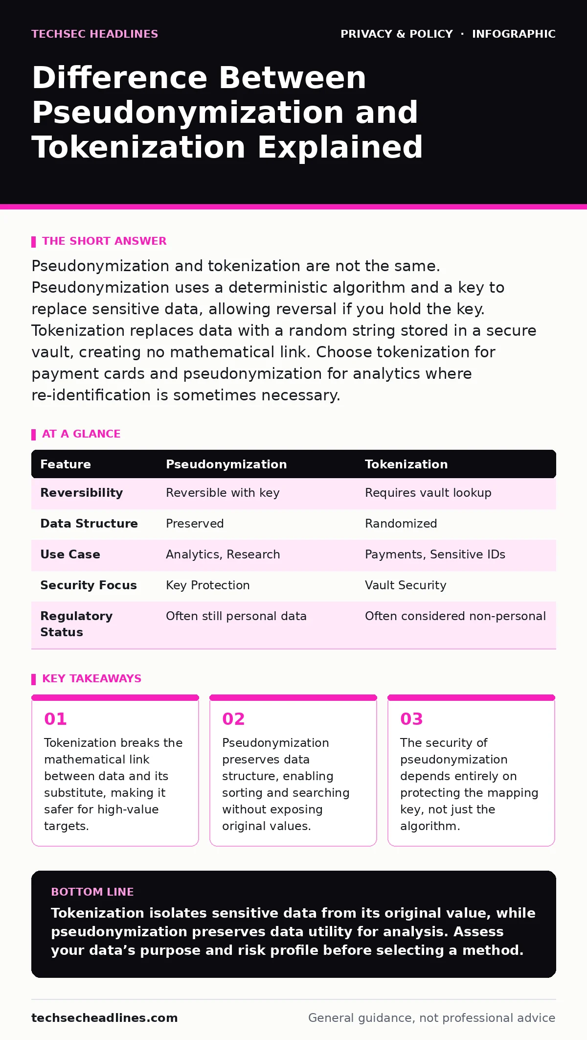 Infographic: Difference Between Pseudonymization and Tokenization Explained. Tokenization breaks the mathematical link between data and its substitute, making it safer for high-value targets. Pseudonymization preserves data structure, enabling sorting and searching without exposing original values.