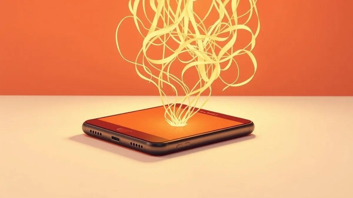 Illustration: A smartphone rests on a flat surface while translucent, tangled tendrils of light siphon data directly from its internal sensors and storage slots, bypassing the stan