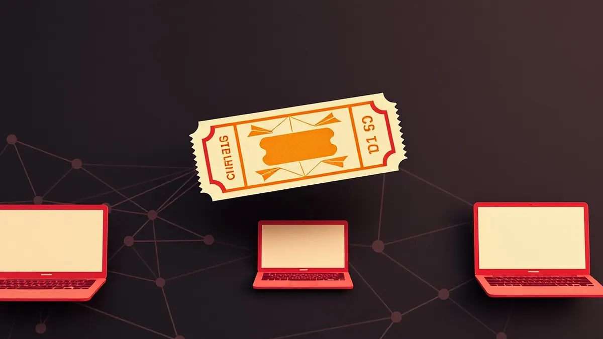 Illustration: A floating golden ticket rests on a dark network map, its surface etched with abstract geometric patterns representing ticket structures.