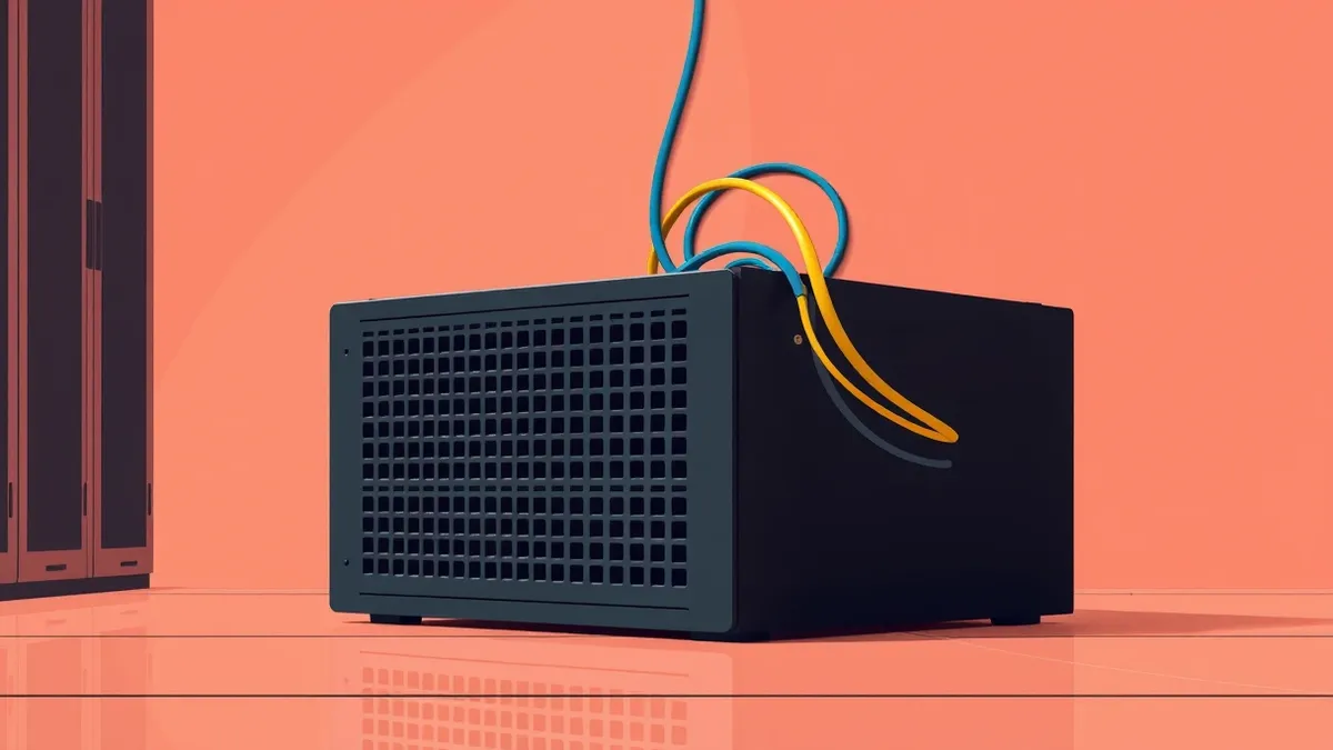 Illustration: A sleek black server chassis sits on a polished floor, its front panel featuring a dense grid of uniform square ventilation holes.
