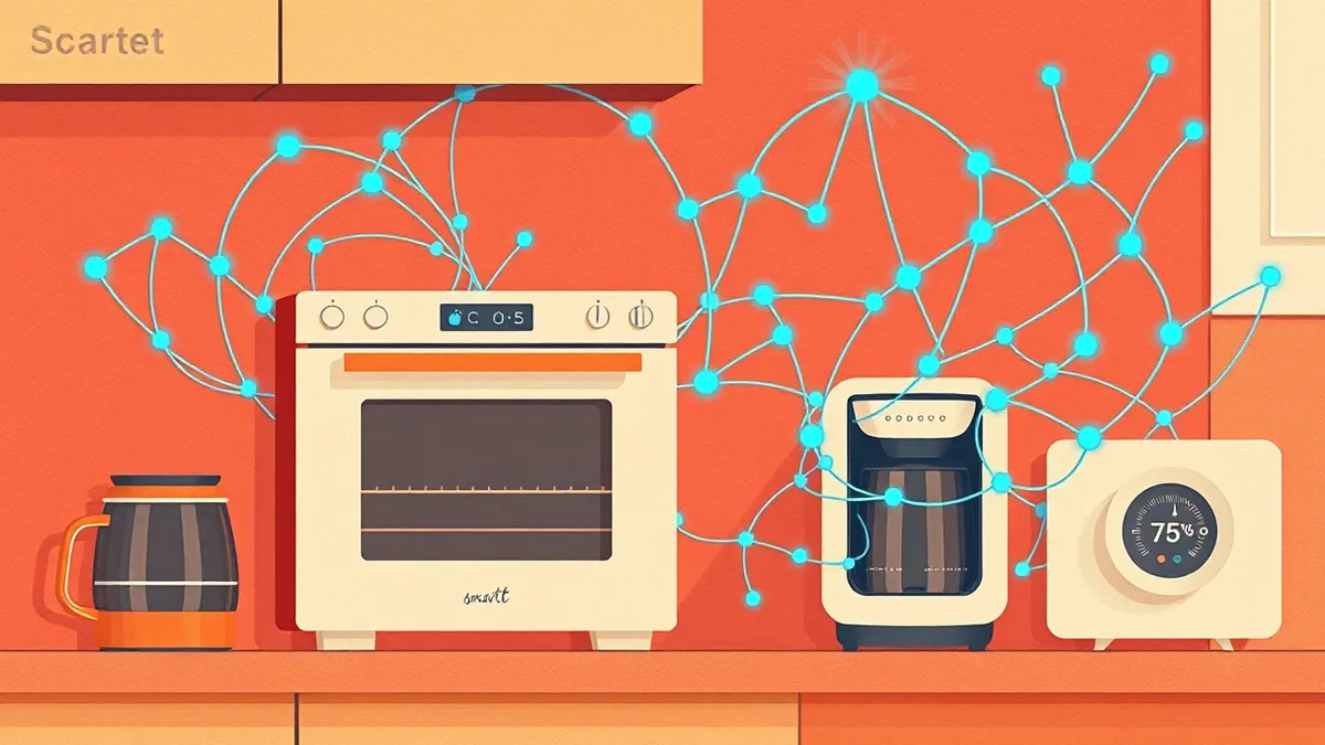 Illustration: A smart oven sits on a kitchen counter beside a connected coffee maker and a digital thermostat.