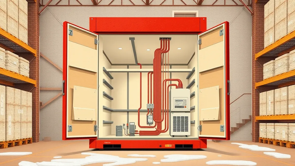 Illustration: A massive industrial refrigeration unit sits in a cold storage warehouse with its heavy steel doors wide open.