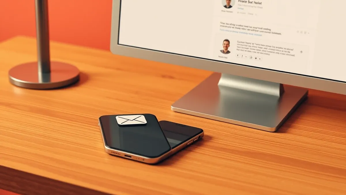 Illustration: A smartphone rests on a wooden desk next to a desktop computer.