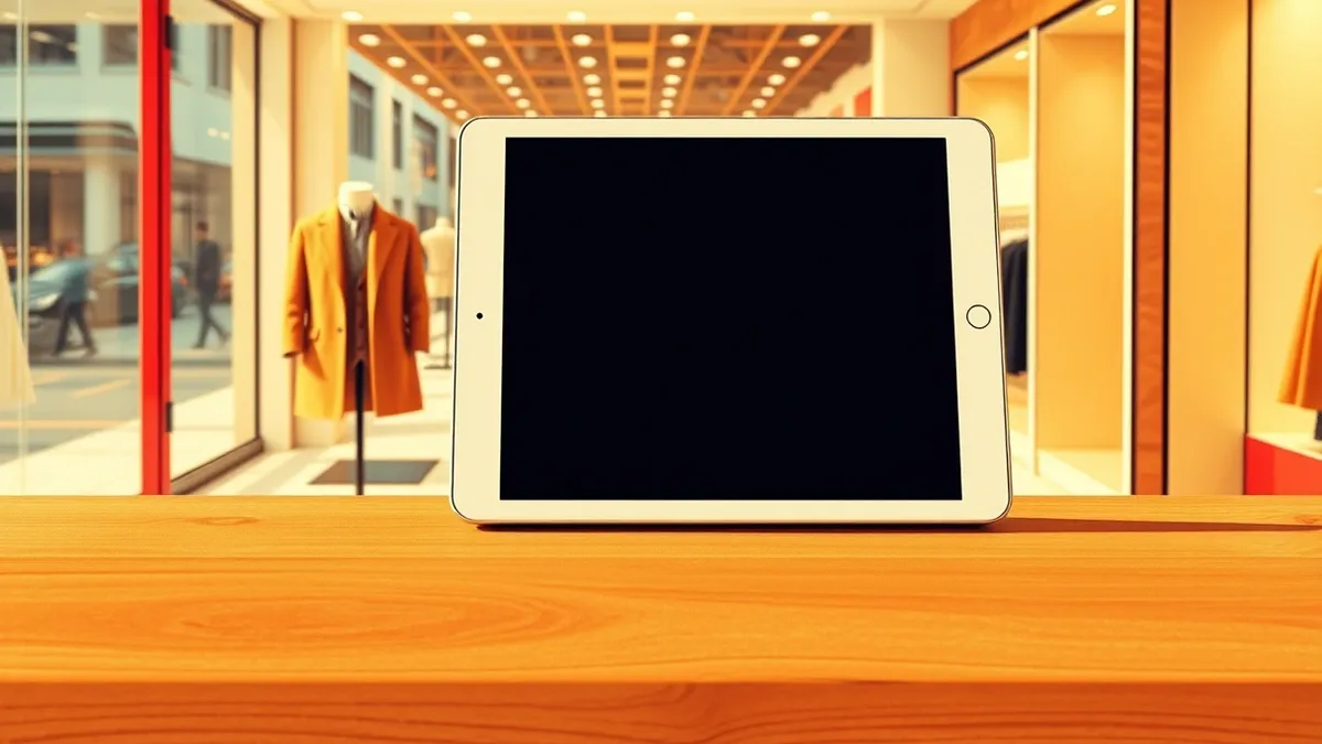 Illustration: A sleek retail tablet sits on a polished wooden counter, its screen completely dark and unresponsive.