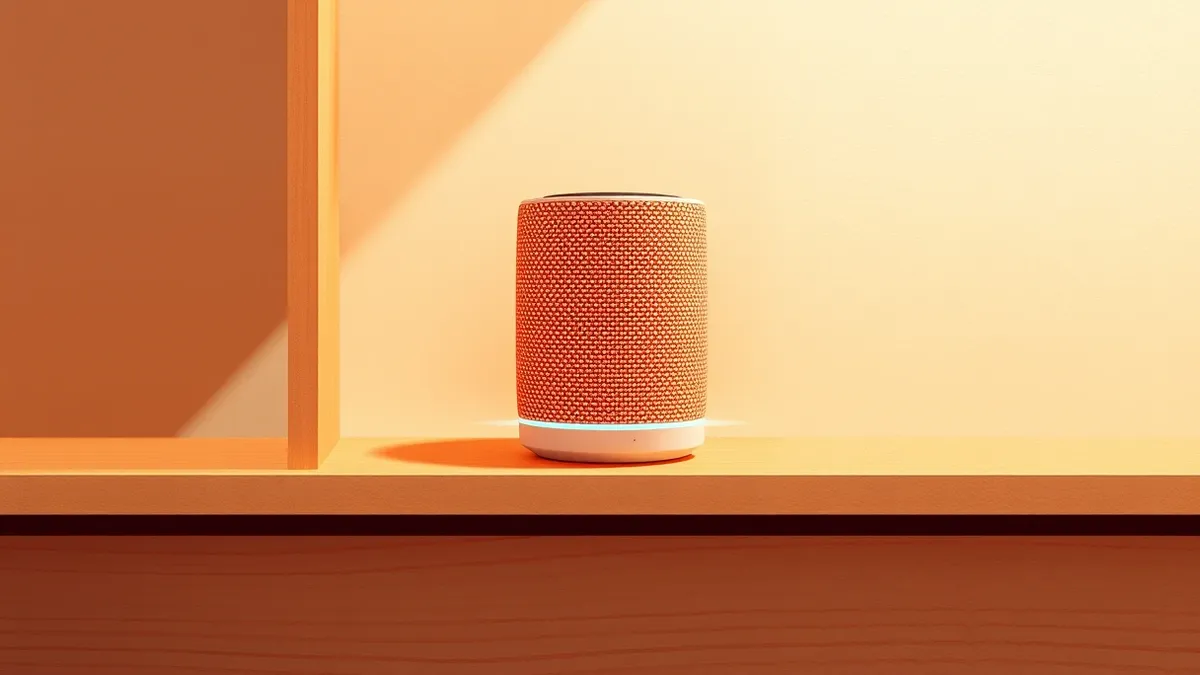 Illustration: A small cylindrical smart speaker sits on a wooden shelf, its fabric mesh top glowing faintly.