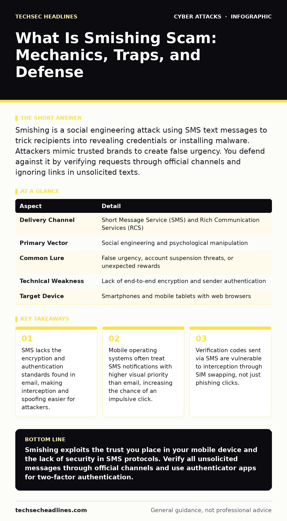 Infographic: What Is Smishing Scam: Mechanics, Traps, and Defense. SMS lacks the encryption and authentication standards found in email, making interception and spoofing easier for attackers. Mobile operating systems often treat SMS notifications with higher visual priority than email, increasing th