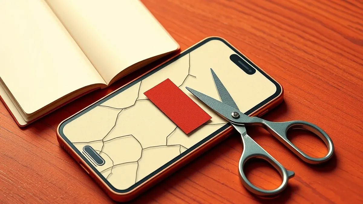 Illustration: A cracked smartphone rests on a wooden table, its screen displaying a single urgent red notification bubble with generic abstract lines.