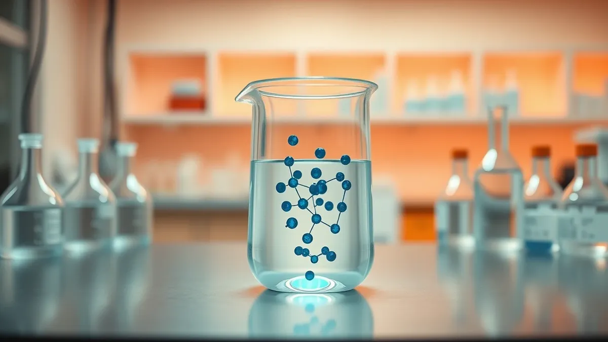 Illustration: A sleek white laboratory beaker sits on a sterile metal table, containing a clear liquid with tiny swirling blue geometric shapes suspended inside.