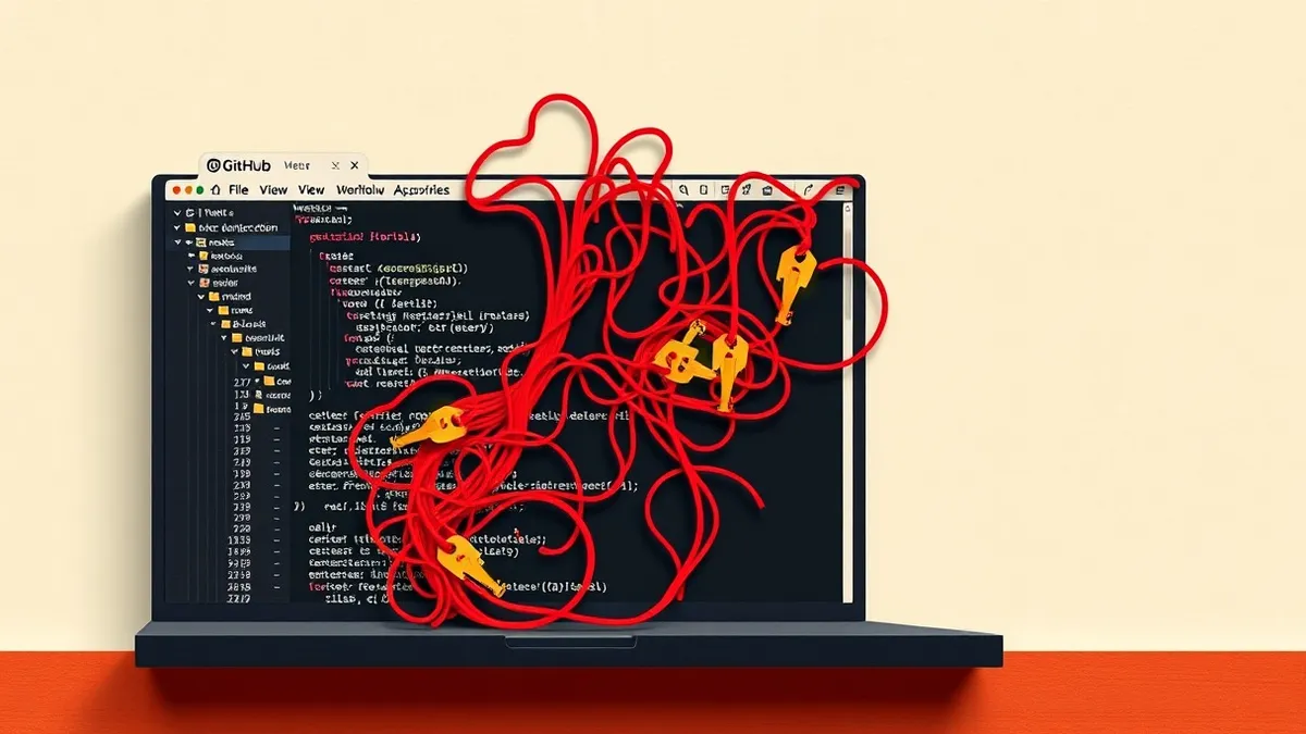 Illustration: A dark GitHub repository interface displays a malicious workflow file with tangled red wires spilling out of its code structure.