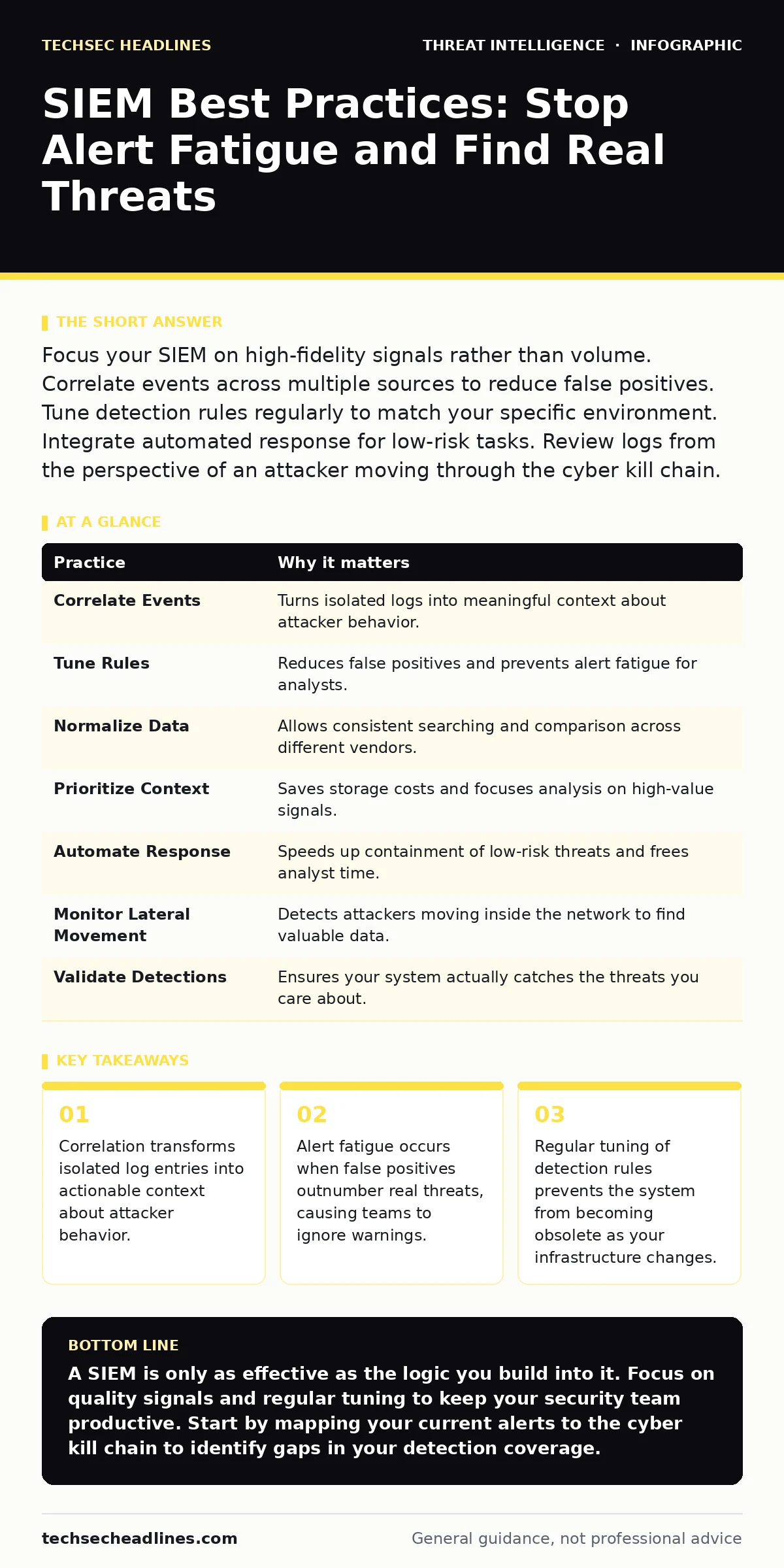Infographic: SIEM Best Practices: Stop Alert Fatigue and Find Real Threats. Correlation transforms isolated log entries into actionable context about attacker behavior. Alert fatigue occurs when false positives outnumber real threats, causing teams to ignore warnings. Regular tuning of detection rul