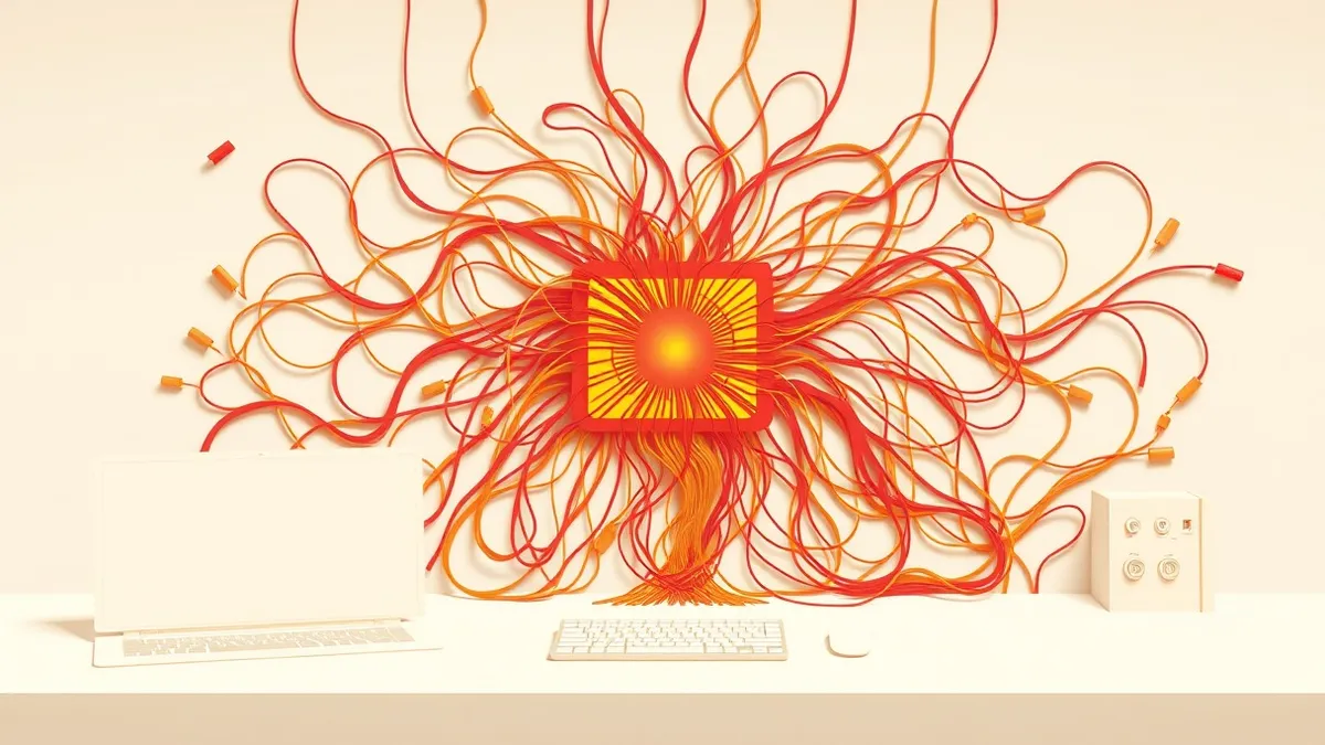 Illustration: A tangled mass of thin, colorful wires connects to a central processing hub that glows with steady, focused amber light.