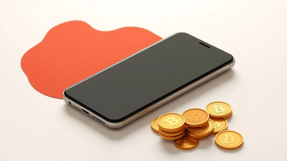 Illustration: A sleek smartphone rests on a clean white surface beside a small pile of gold coins.