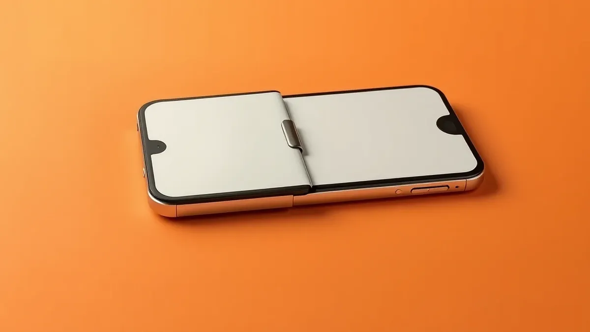 Illustration: A folded smartphone rests on a smooth surface, revealing a meticulously engineered metal hinge at its center.