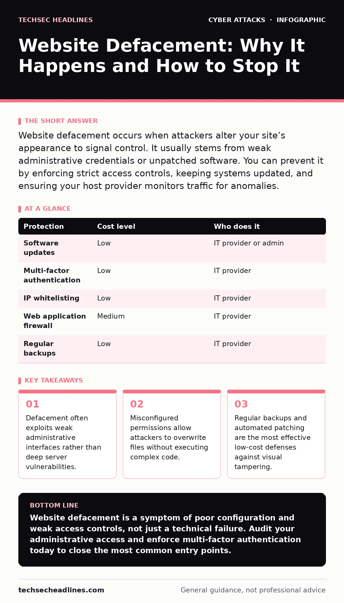 Infographic: Website Defacement: Why It Happens and How to Stop It. Defacement often exploits weak administrative interfaces rather than deep server vulnerabilities. Misconfigured permissions allow attackers to overwrite files without executing complex code. Regular backups and automated patching ar