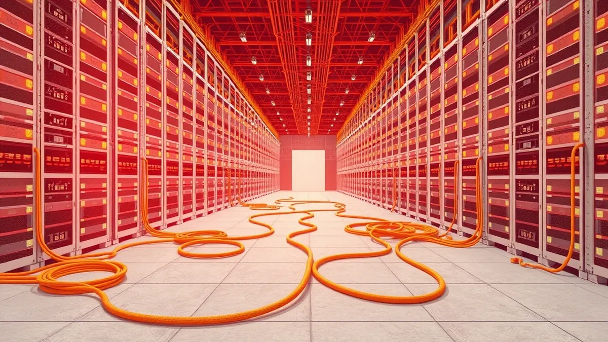 Illustration: A massive warehouse interior reveals towering rows of blinking server racks.
