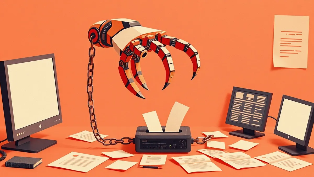Illustration: A robotic arm hovers over a digital workspace, but its claws are bound by thick, glowing chains that restrict its reach.