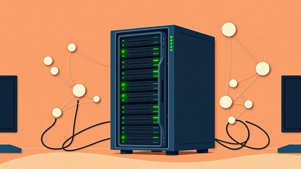 Illustration: A sleek server blade sits in a rack with glowing green indicators, surrounded by floating abstract network nodes.