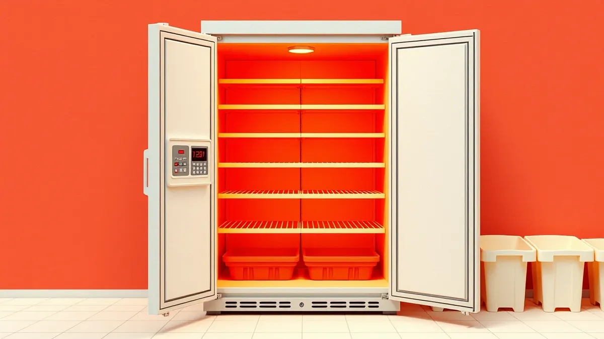 Illustration: A stainless steel supermarket refrigeration unit sits open with warm air rising from the empty shelves.