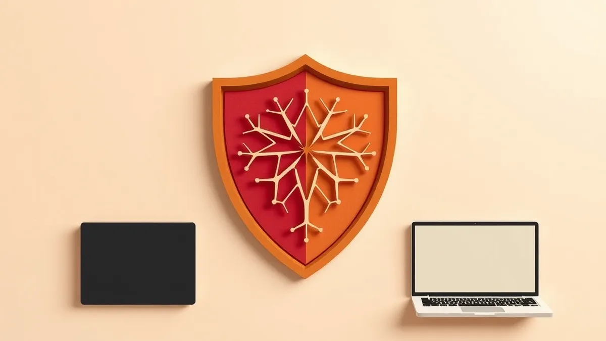 Illustration: Two distinct geometric shapes merge into a single, larger shield form.