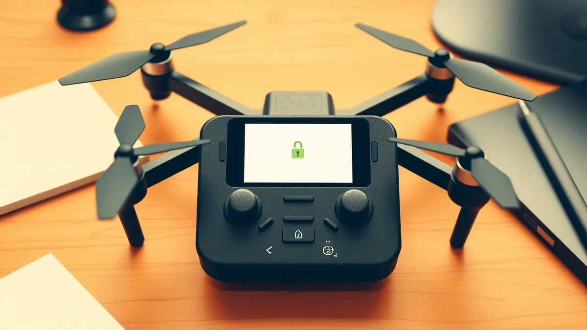 Illustration: A sleek black drone controller sits on a wooden desk.