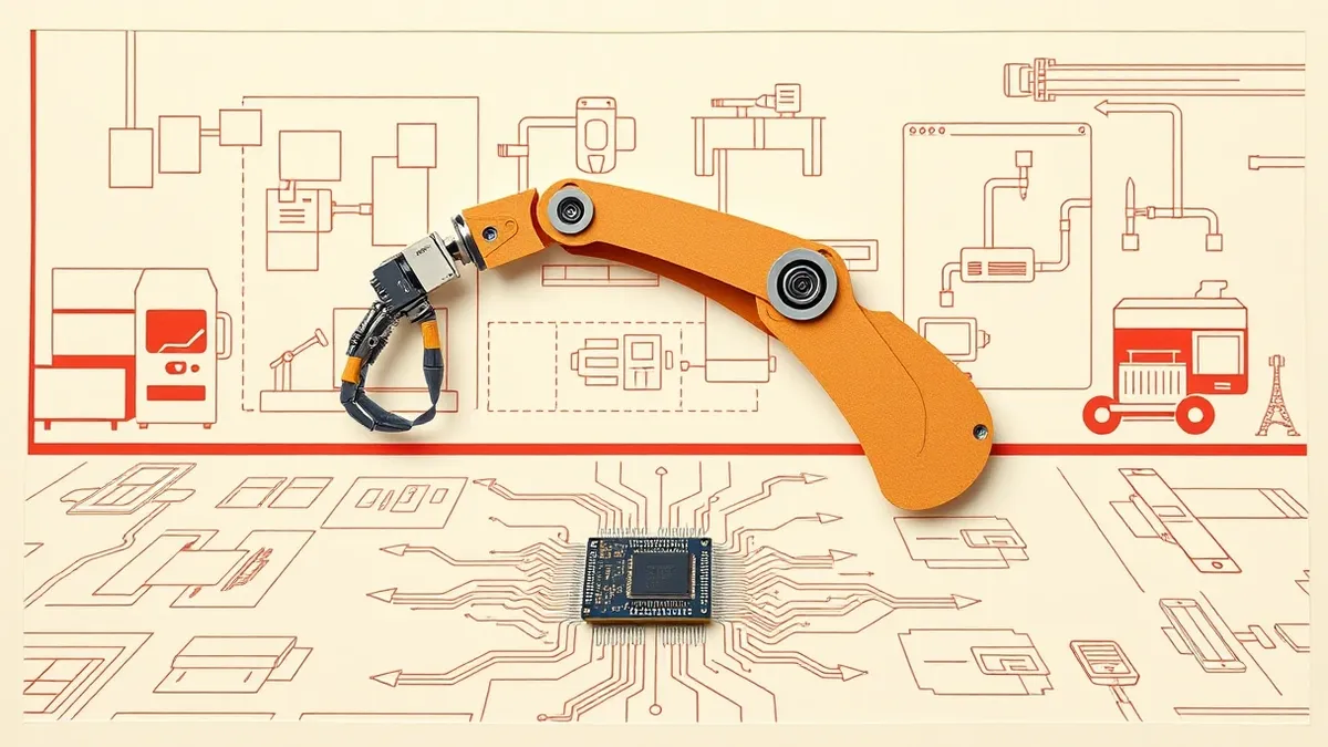 Illustration: A sleek industrial robotic arm rests on a factory floor, its metallic joints polished and precise.
