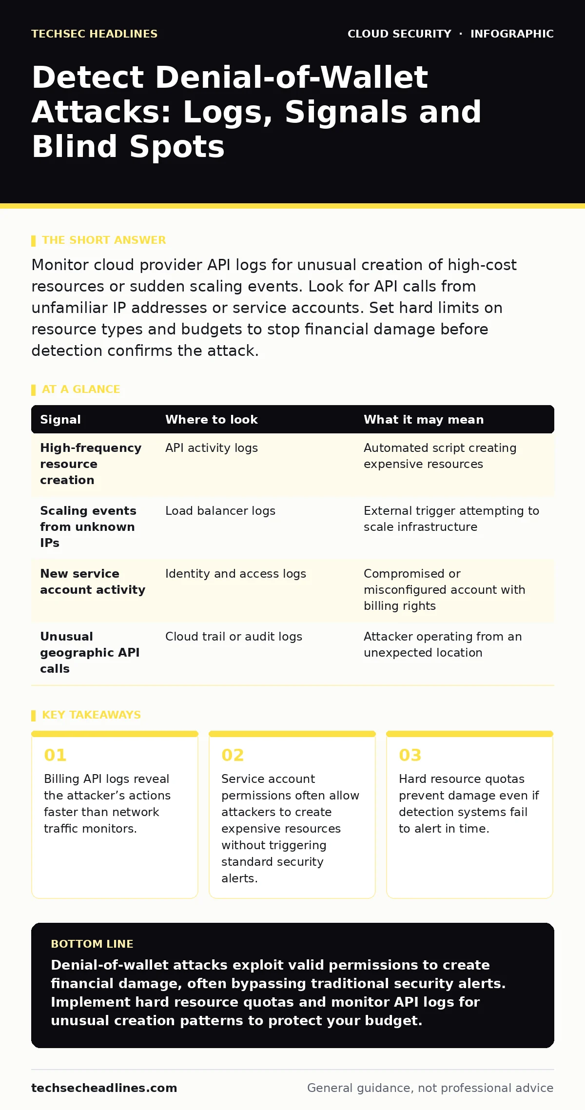 Infographic: Detect Denial-of-Wallet Attacks: Logs, Signals and Blind Spots. Billing API logs reveal the attacker’s actions faster than network traffic monitors. Service account permissions often allow attackers to create expensive resources without triggering standard security alerts. Hard resource