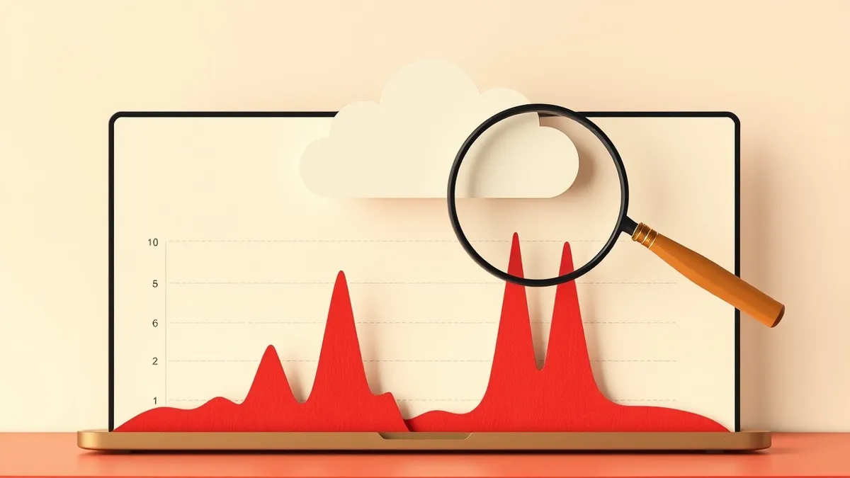Illustration: A floating cloud icon sits above a blank digital dashboard displaying jagged red spikes in resource usage.