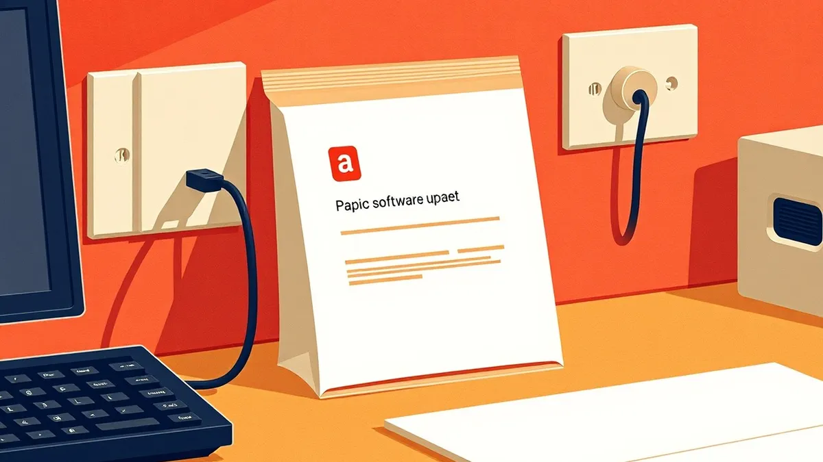 Illustration: A pristine software update package sits on a desk, but a thin, dark wire extends from its port and slithers into the wall socket, connecting directly to the building’