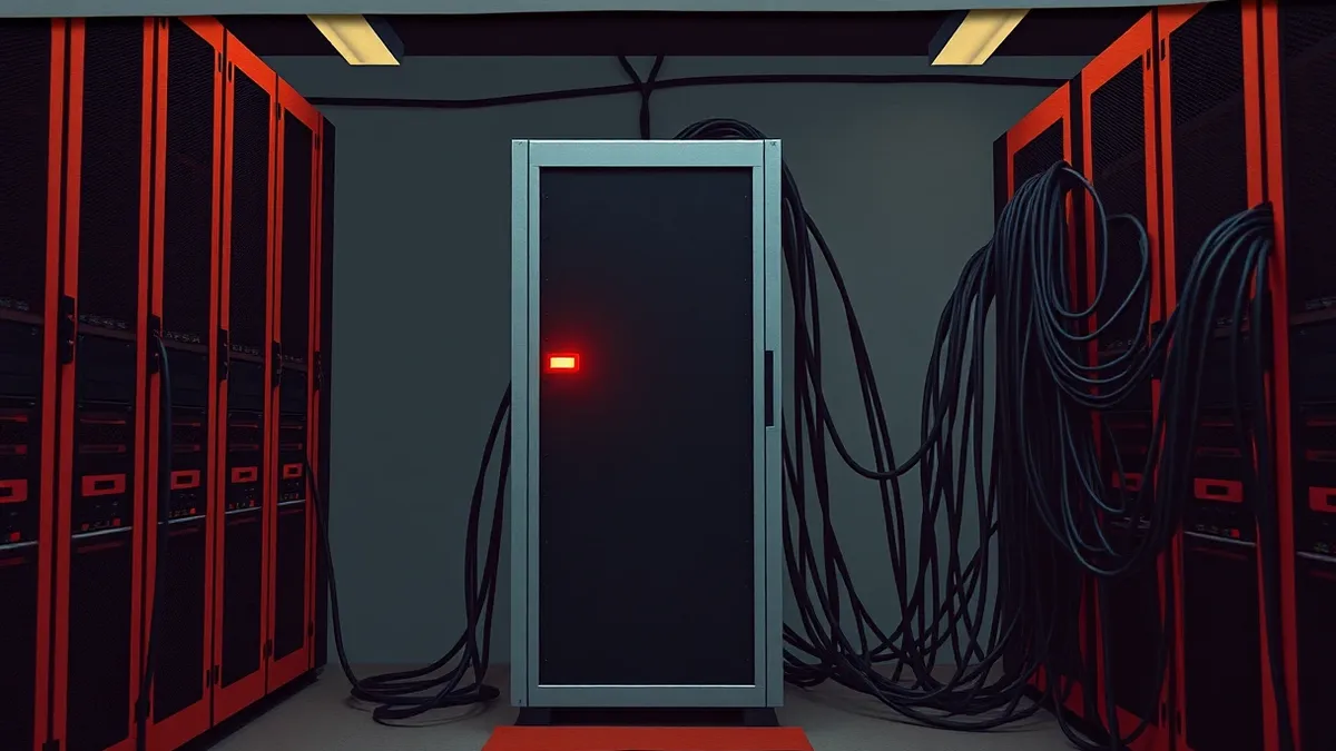 Illustration: A server rack stands in a dim room with a single red alert light blinking on one unit.