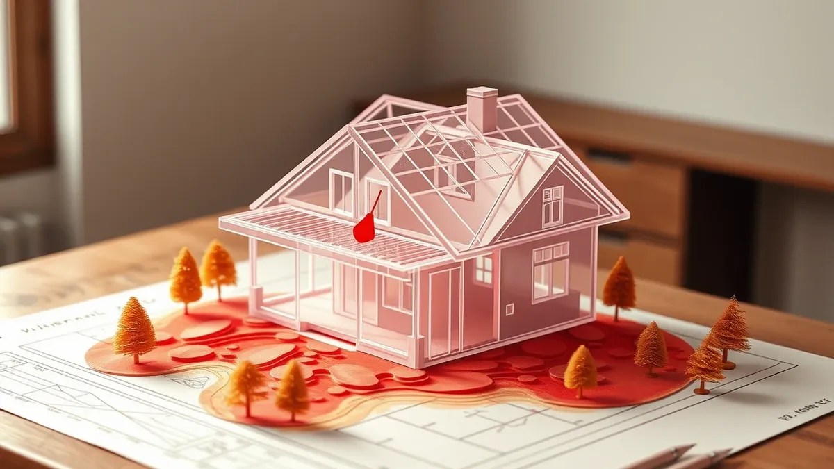 Illustration: A detailed holographic wireframe of a suburban house floats above a wooden drafting table, surrounded by small physical model trees and topographic contour lines.