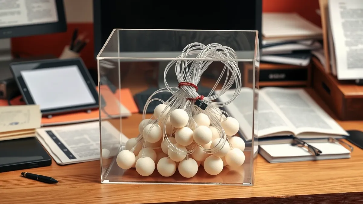 Illustration: A transparent glass box sits on a cluttered desk, containing a tangled knot of clear plastic tubes that connect to small, unmarked white spheres.