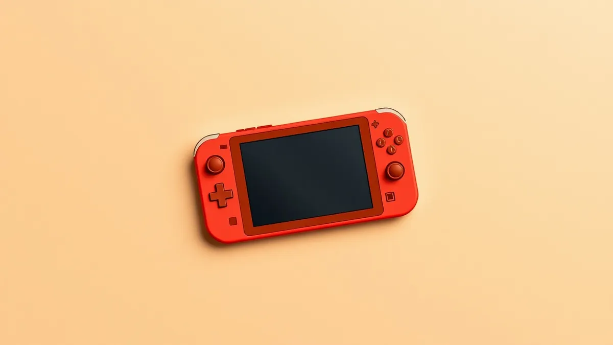 Illustration: A colorful handheld gaming console with a distinct rectangular shape rests on a smooth wooden table.