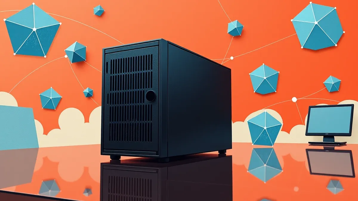 Illustration: A sleek black computer server with blank ventilation slots sits on a polished desk, surrounded by floating abstract geometric shapes in shades of blue and grey.